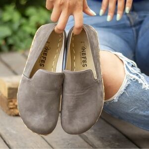 Nefes Handmade Grounding Barefoot Leather Shoes Gray Nubuck Slip On Mules  8.5